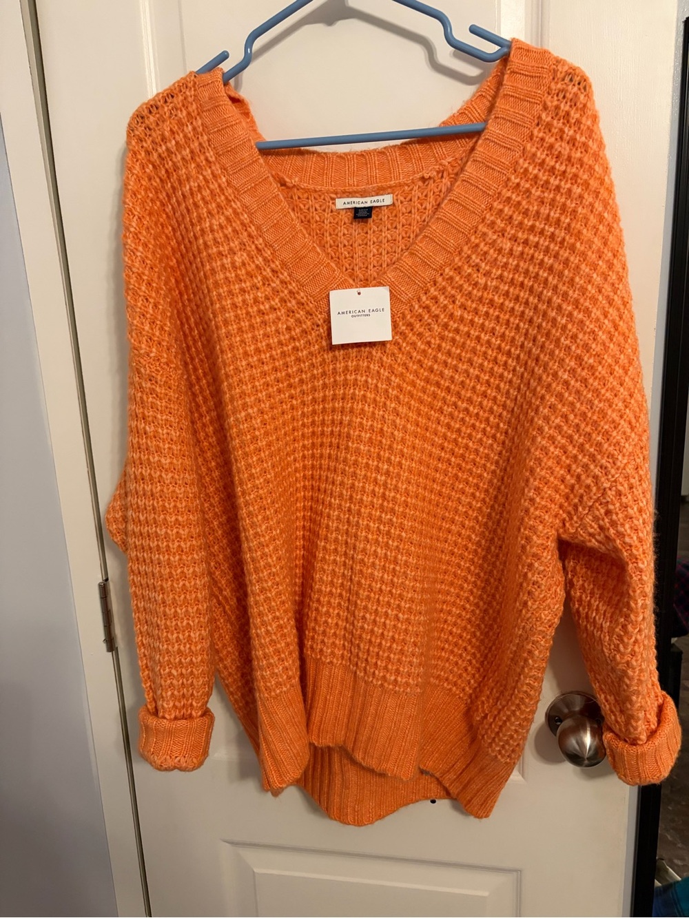 American Eagle Outfitters Bright Orange V-Neck Waffle Knit Sweater